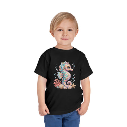 Black t-shirt with a cartoon seahorse, coral, and starfish graphic.