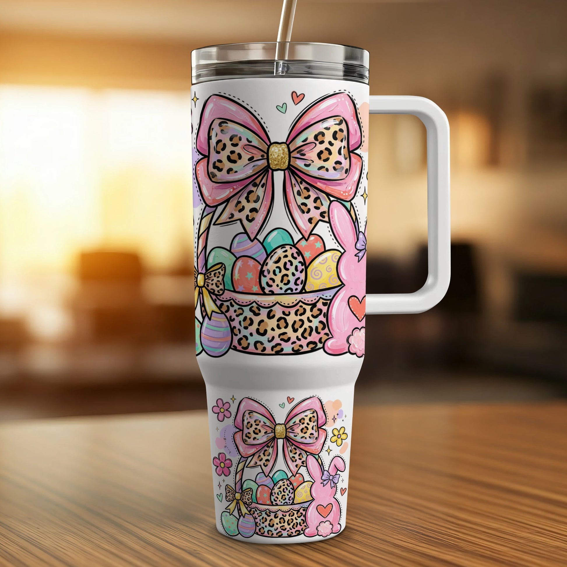 30oz tumbler with Easter basket, eggs, pink bunnies, and leopard print accents.