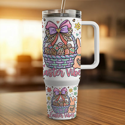 Easter tumbler with bunnies, eggs, and "Easter Vibe" text.