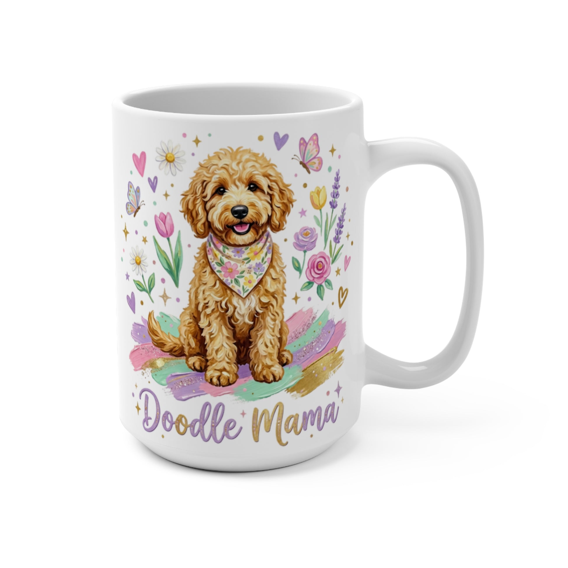 Goldendoodle wearing bandana on colorful background with flowers and butterflies.