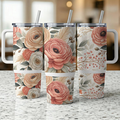 Three floral patterned tumblers with handles and straws.