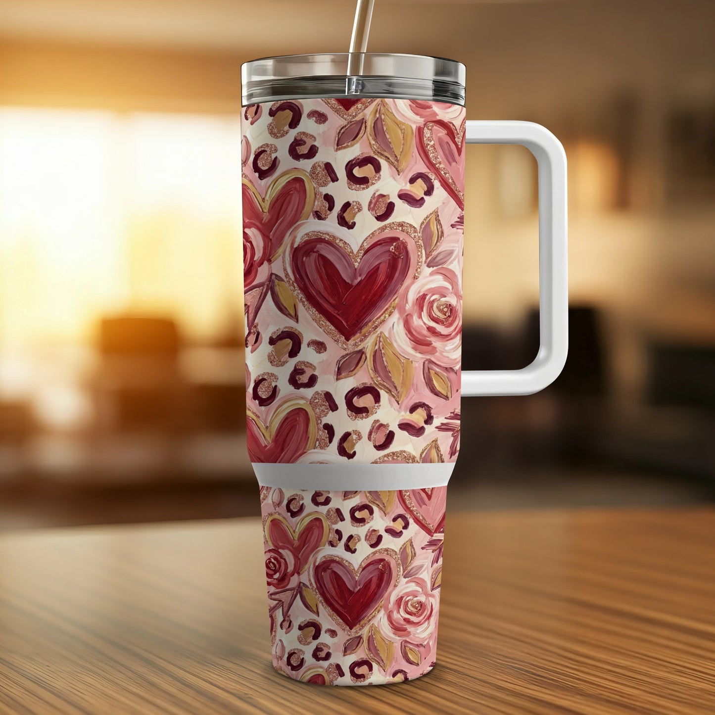 Valentine's Day themed tumbler with hearts and roses, a white lid and straw.