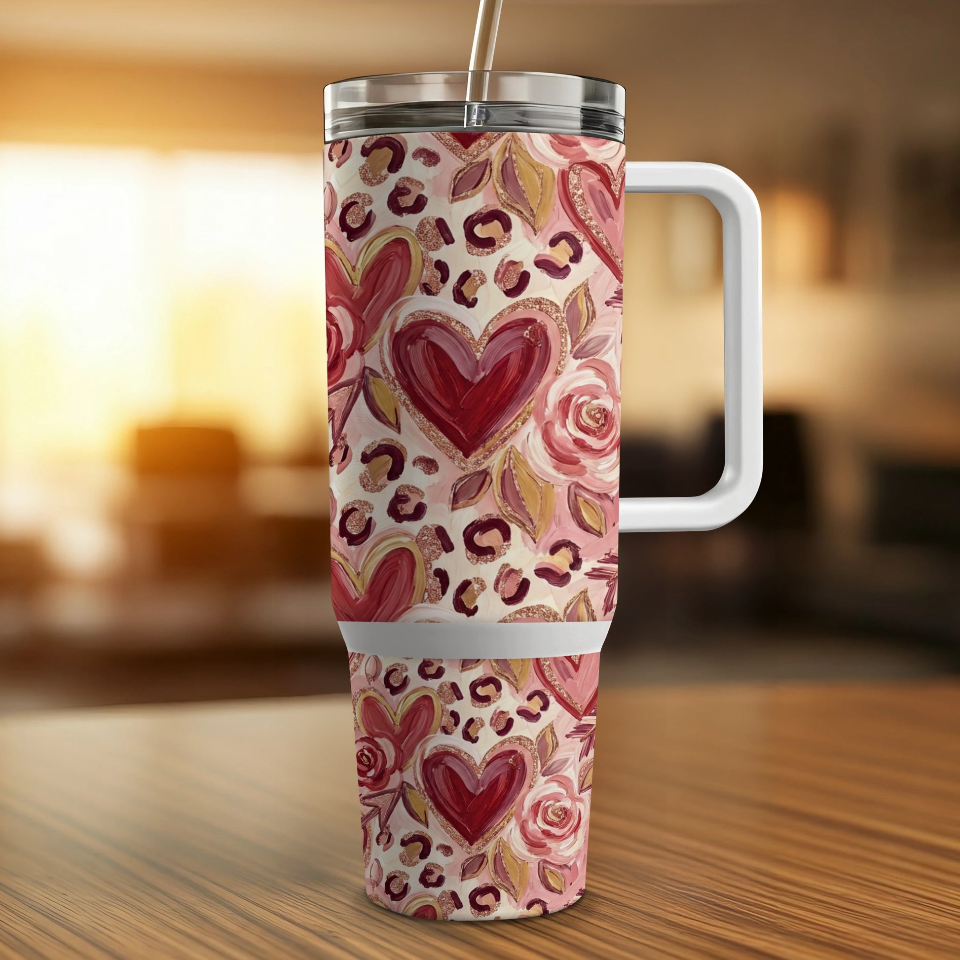 Valentine's Day themed tumbler with hearts and roses, a white lid and straw.