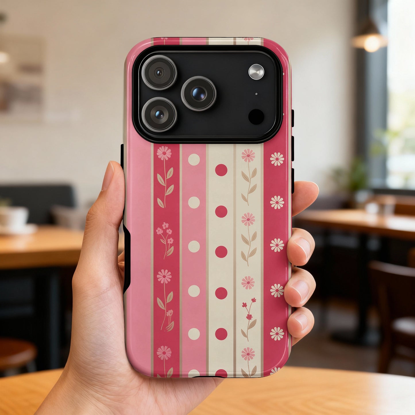 Pink and white striped iPhone case with floral and dot pattern.