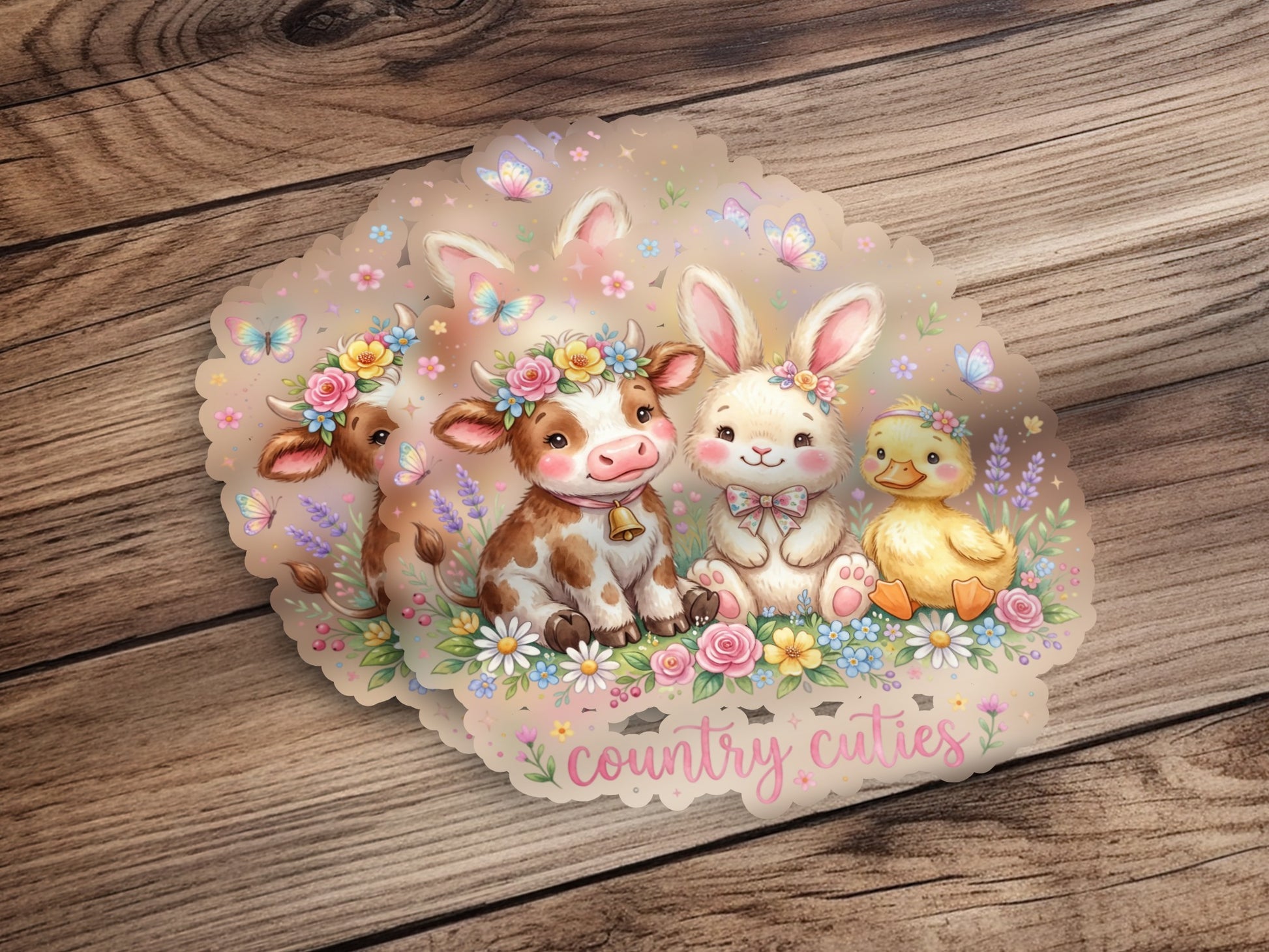 Cute farm animals: cow, bunny, duckling, with flowers and butterflies.