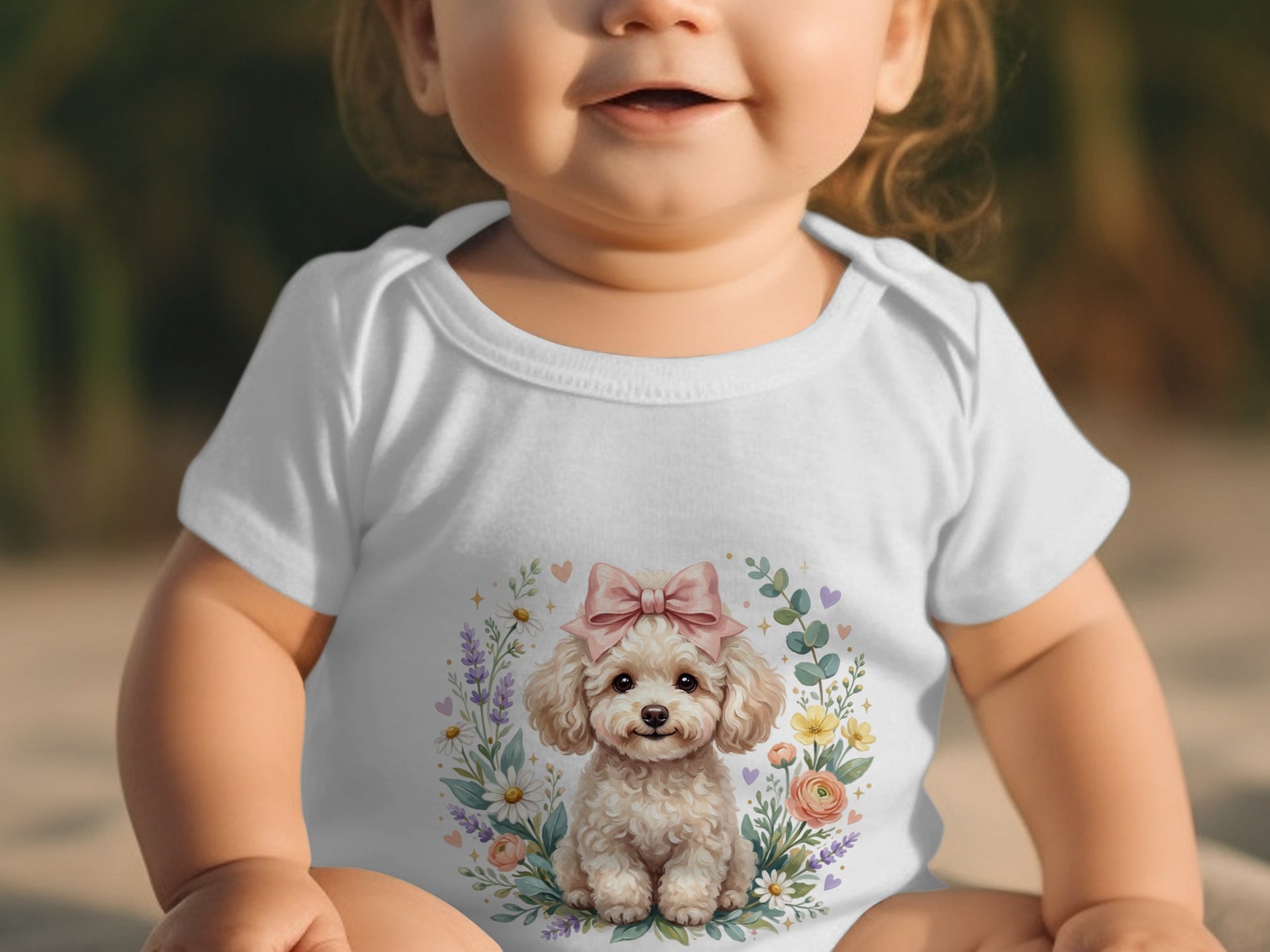 White baby bodysuit with fluffy white dog and floral wreath graphic.