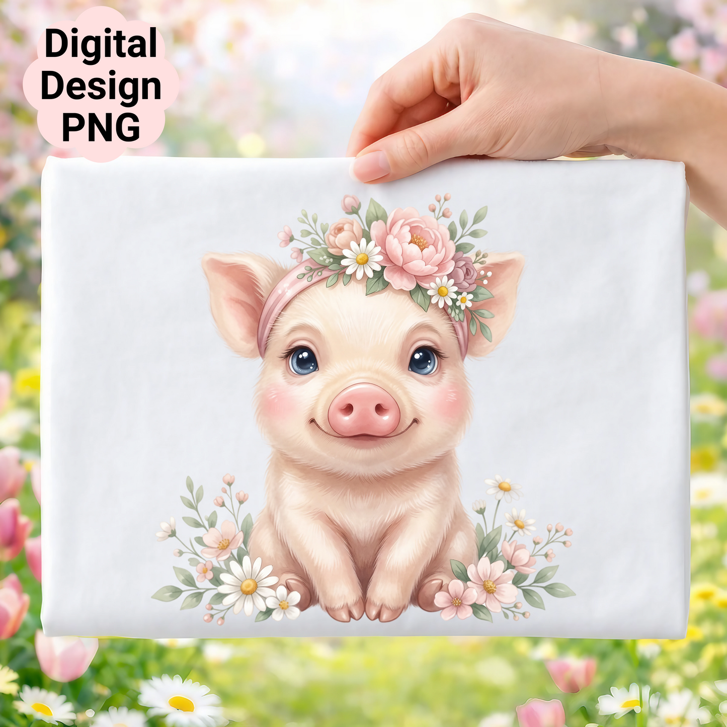 Cute cartoon pig wearing a flower crown, holding a bouquet.