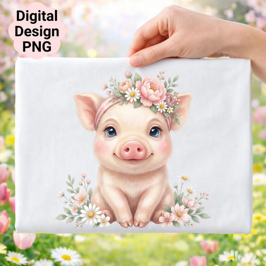 Cute cartoon pig wearing a flower crown, holding a bouquet.