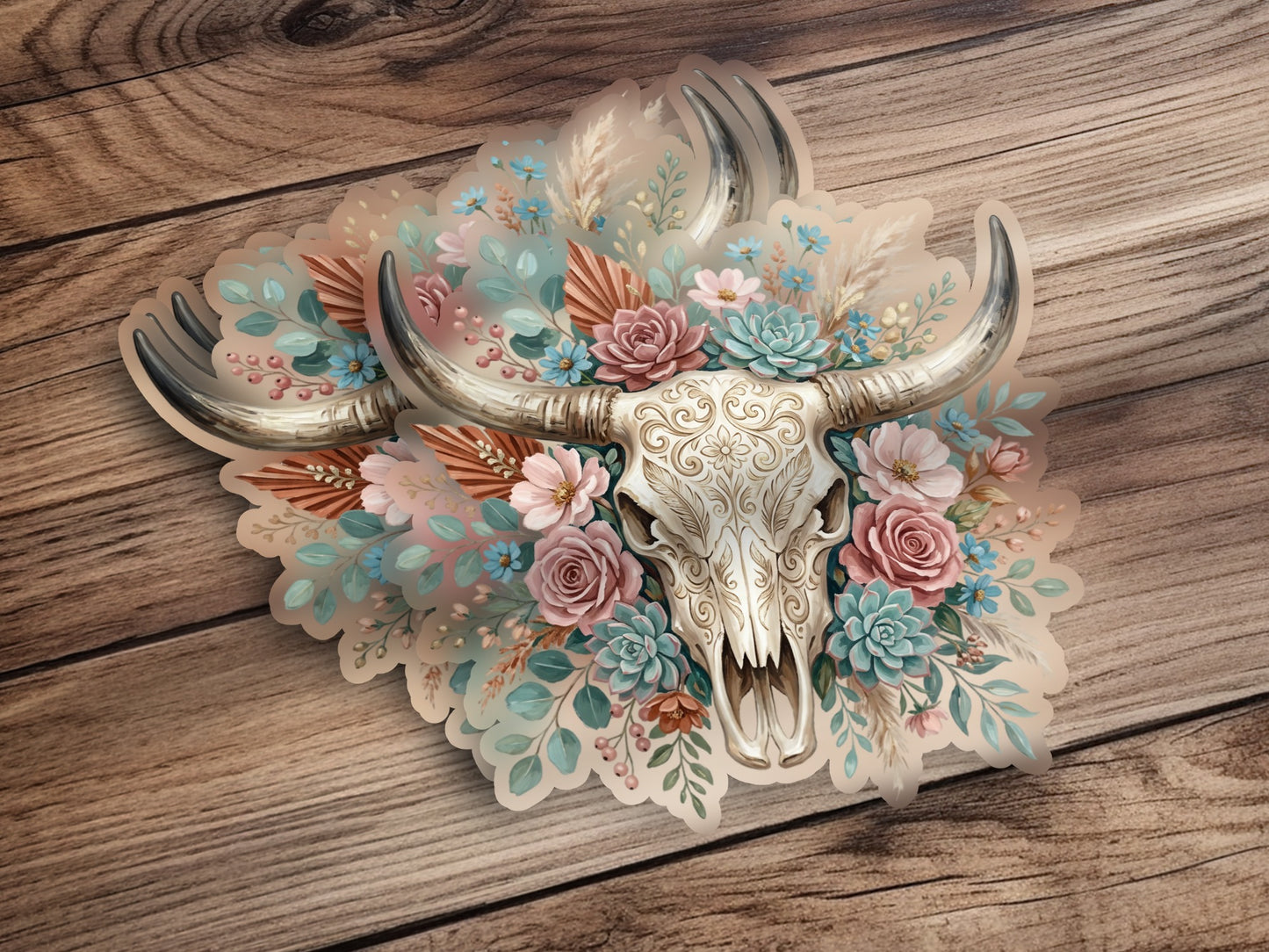 Floral arrangement with a skull on a wooden background.