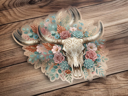 Floral arrangement with a skull on a wooden background.