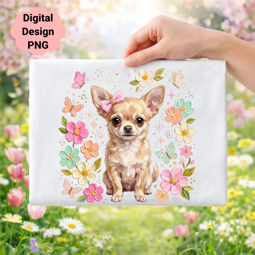Chihuahua puppy with pink bow surrounded by flowers and butterflies.