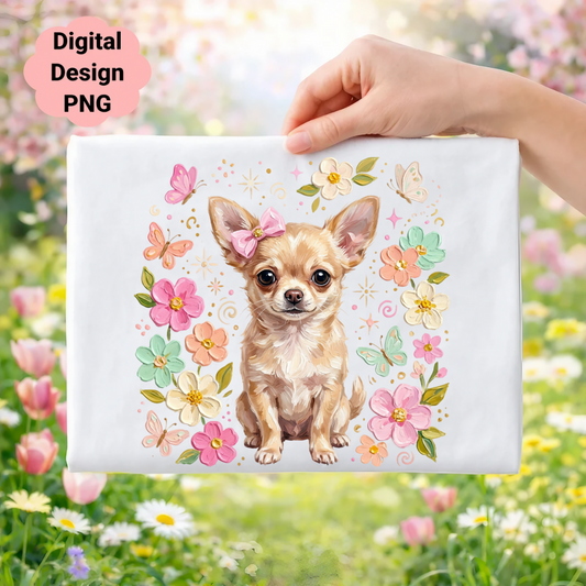 Chihuahua puppy with pink bow surrounded by flowers and butterflies.