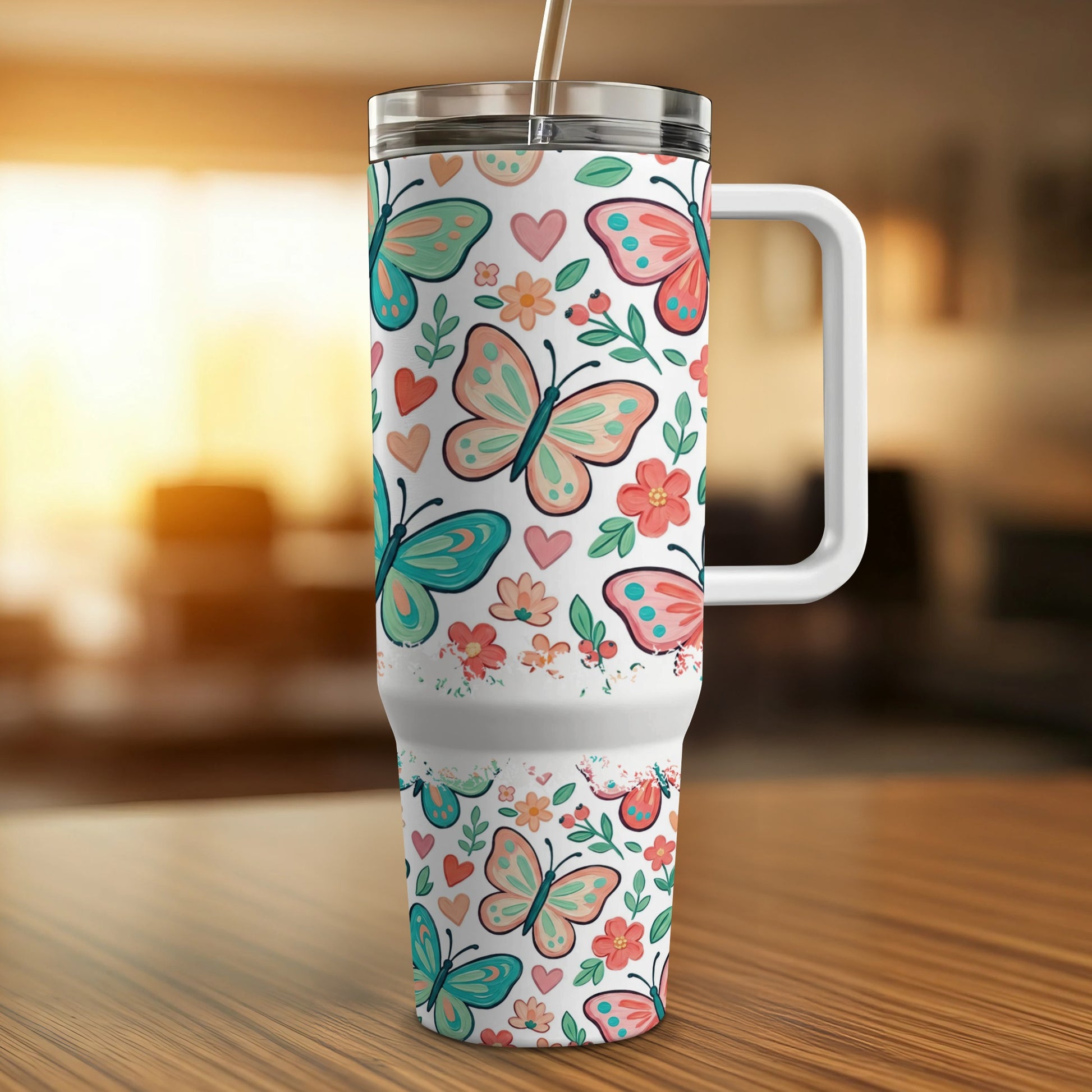 White tumbler with colorful butterfly and flower pattern, handle, and straw.