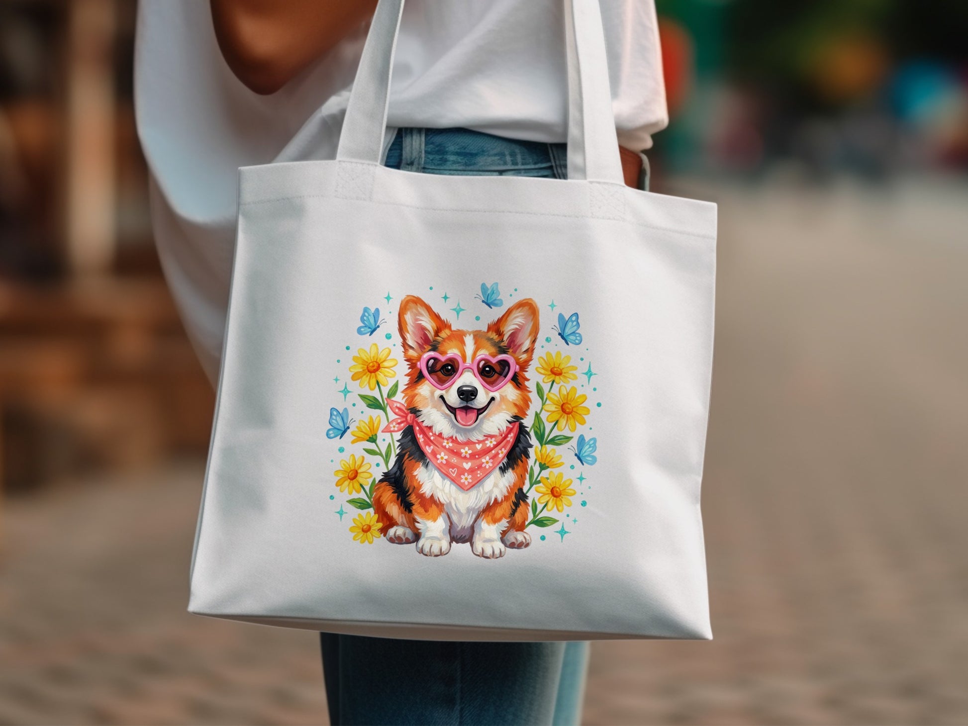 White tote bag with a corgi wearing sunglasses and flowers design.