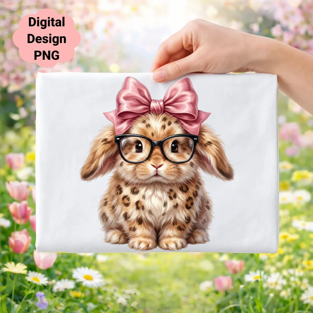Cute leopard print bunny with glasses and pink bow, watercolor illustration.