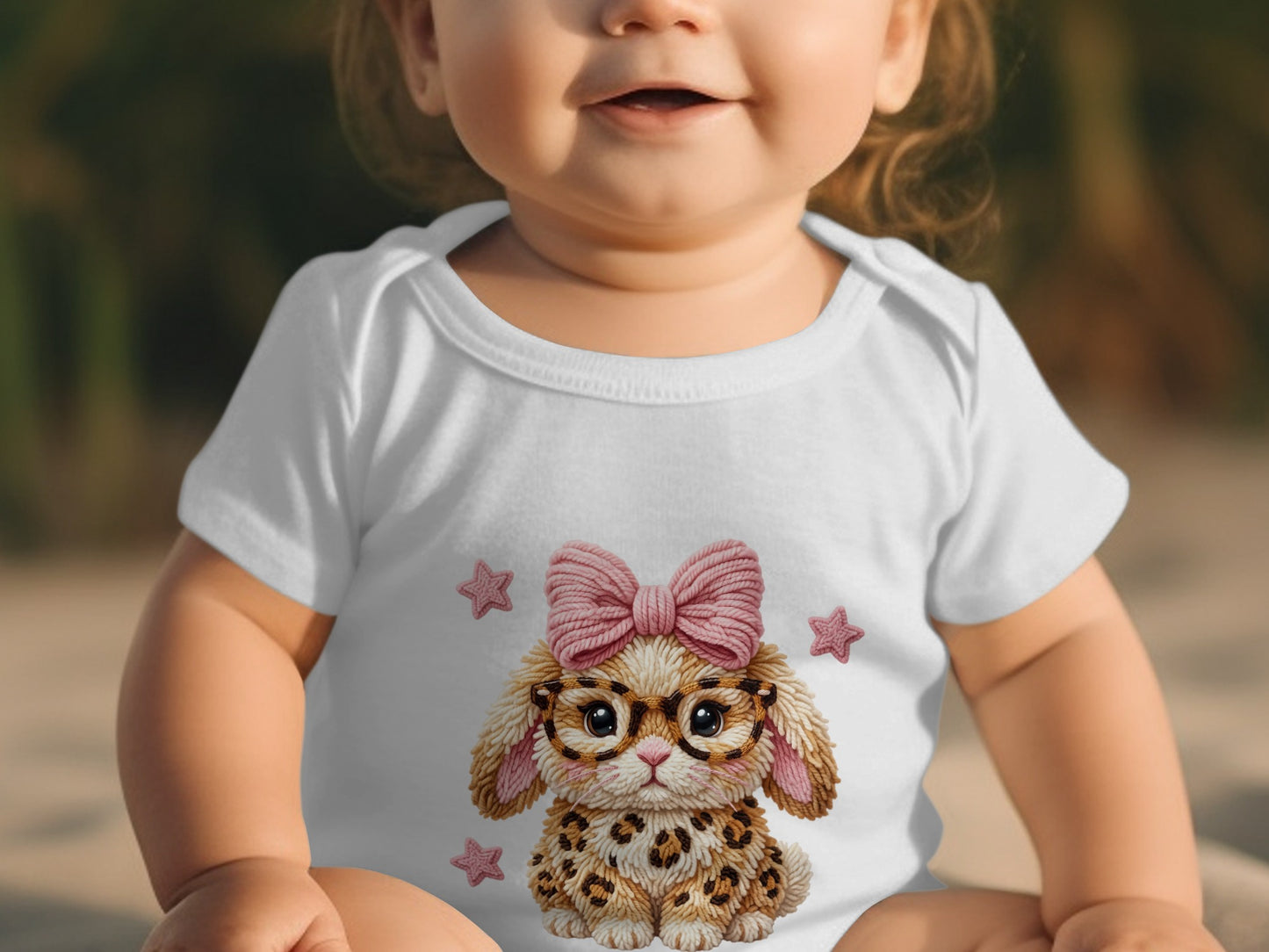 White baby bodysuit with cartoon bunny wearing glasses and pink bow.