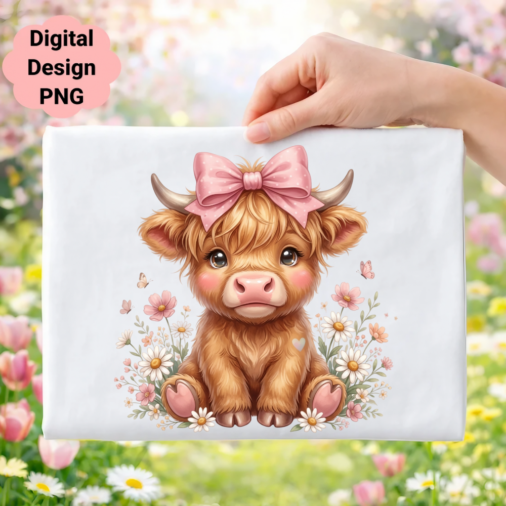 Cute Highland cow with pink bow surrounded by daisies and butterflies.
