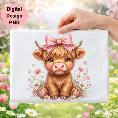Cute Highland cow with pink bow surrounded by daisies and butterflies.