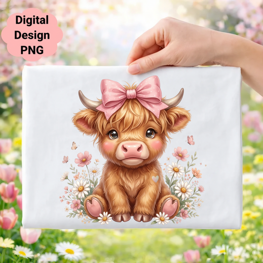 Cute Highland cow with pink bow surrounded by daisies and butterflies.