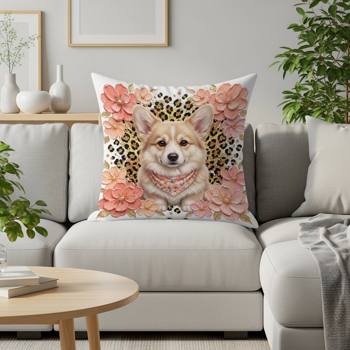 Corgi wearing a bandana surrounded by pink flowers on a leopard print background.