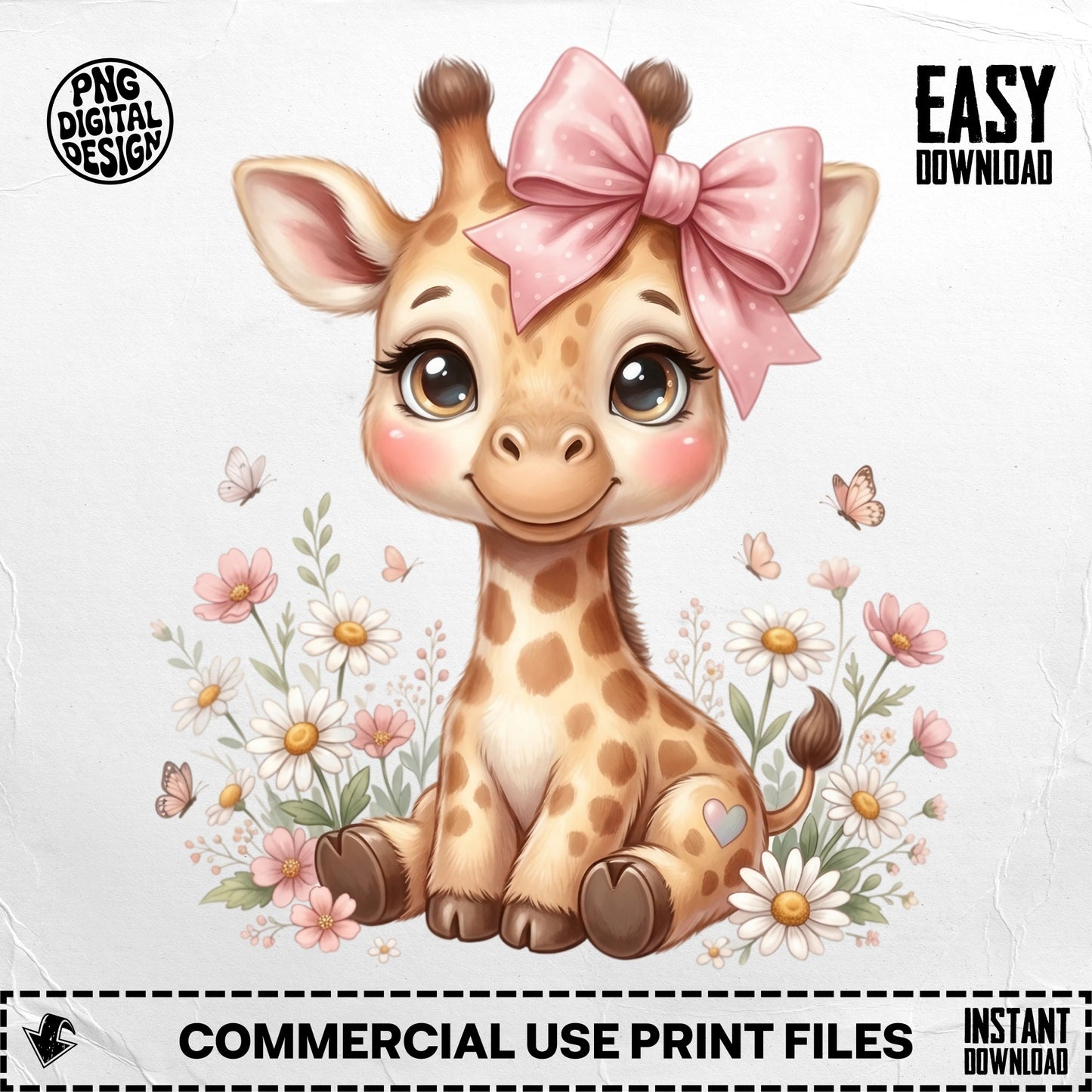 Cute cartoon giraffe with pink bow, surrounded by flowers and butterflies.