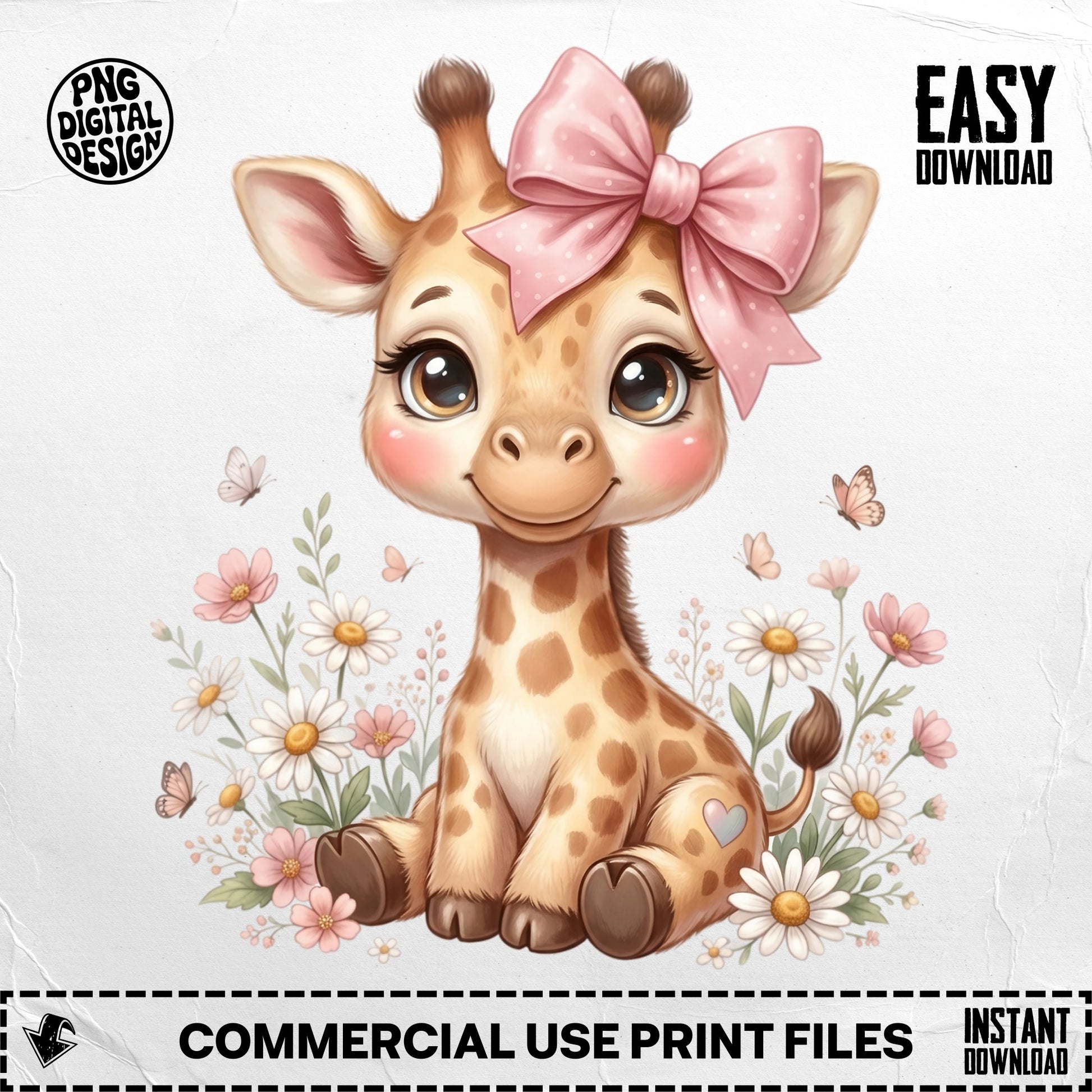 Cute cartoon giraffe with pink bow, surrounded by flowers and butterflies.