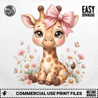 Cute cartoon giraffe with pink bow, surrounded by flowers and butterflies.