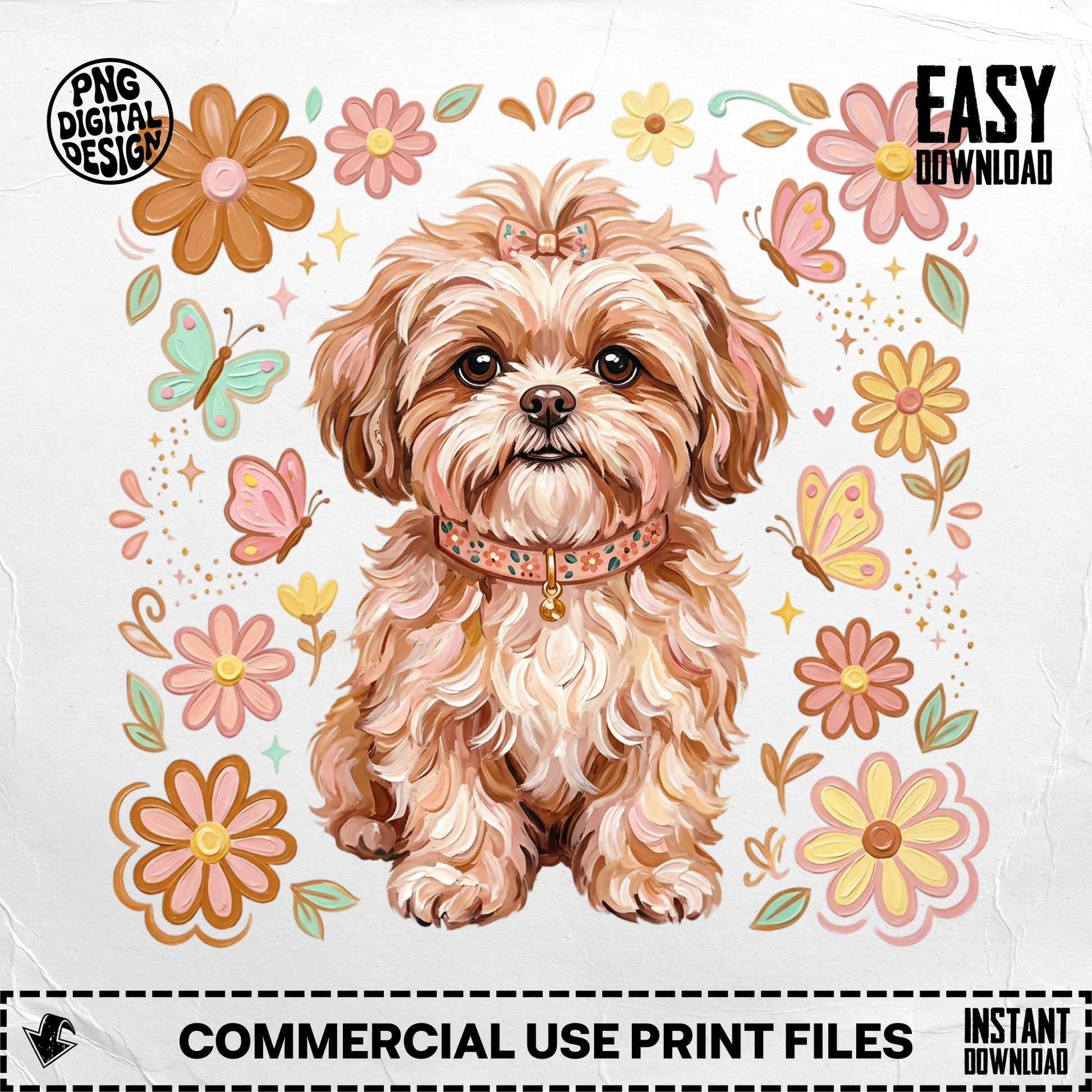 Fluffy dog with flowers and butterflies, "PNG Digital Design" and "Easy Download".