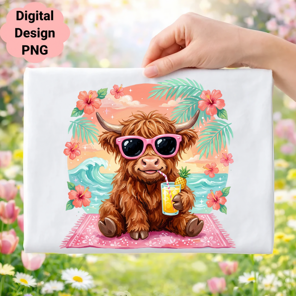 Highland cow with sunglasses and pineapple drink on beach towel.