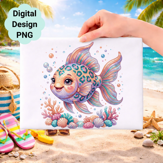 Sparkling sequin fish illustration with bubbles, coral, and seashells on a beach background.