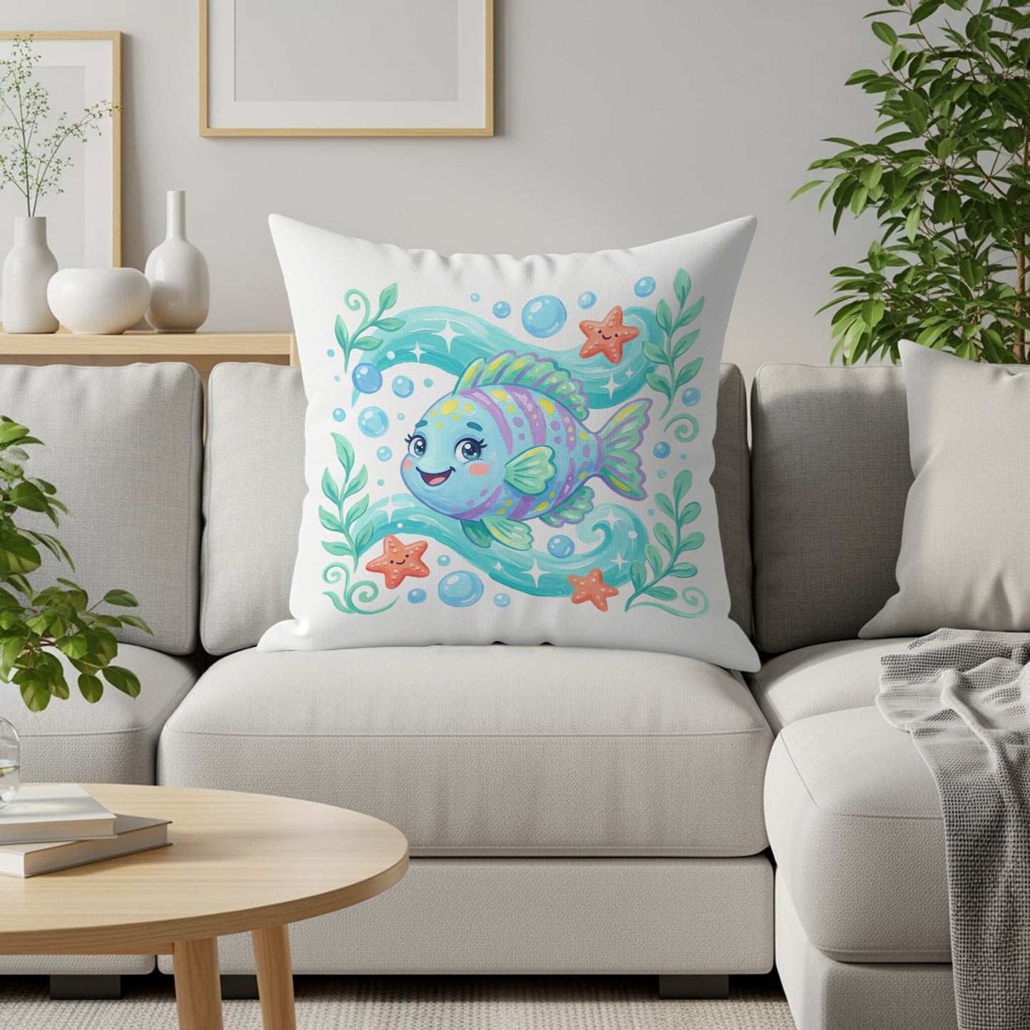 Cartoon blue and purple fish with stars on a couch pillow.