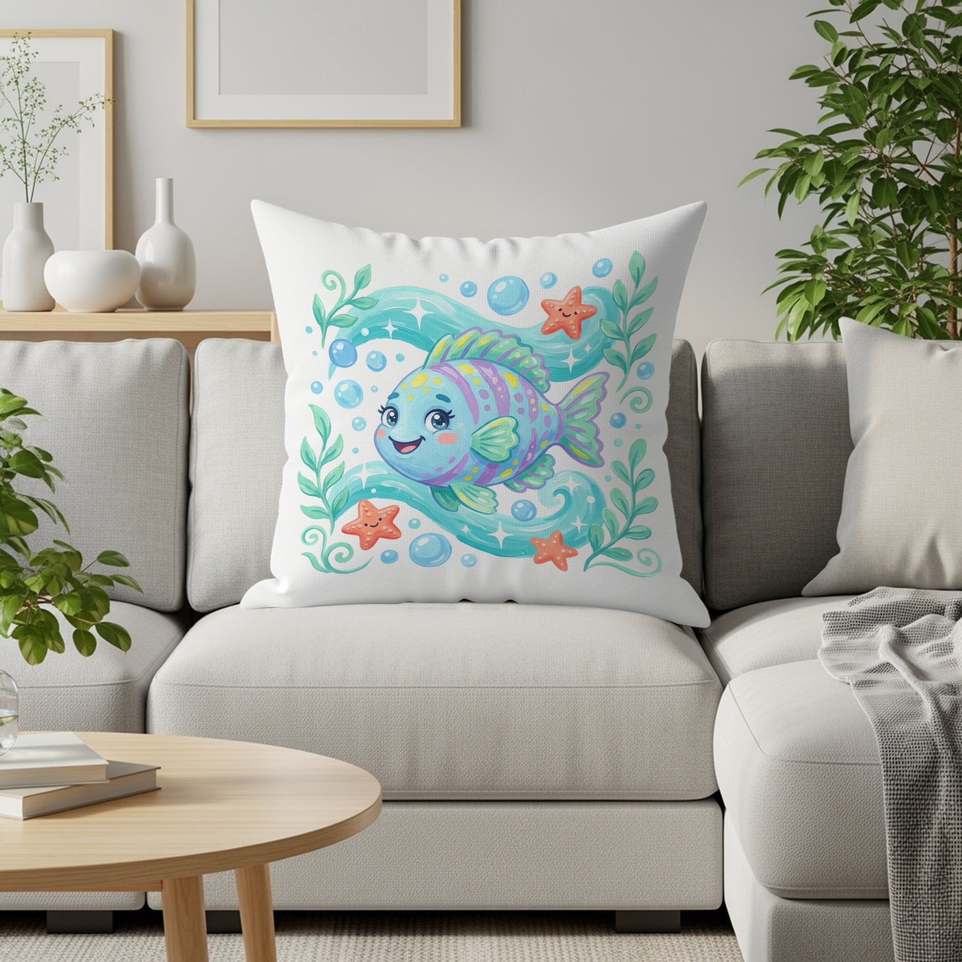 Cartoon blue and purple fish with stars on a couch pillow.