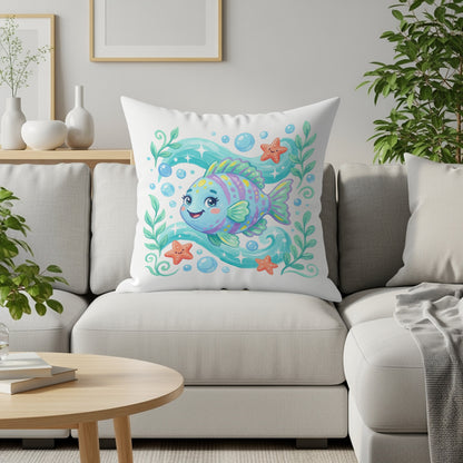 Cartoon blue and purple fish with stars on a couch pillow.