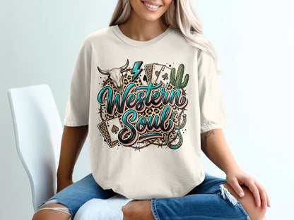 T-shirt with "Western Soul" graphic, skull, cactus, and playing cards.