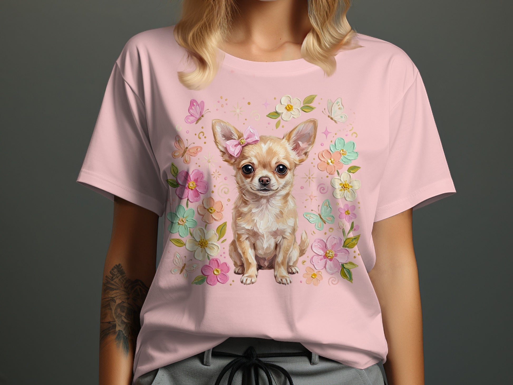 Chihuahua wearing a pink bow surrounded by flowers and butterflies.