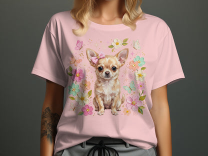 Chihuahua wearing a pink bow surrounded by flowers and butterflies.