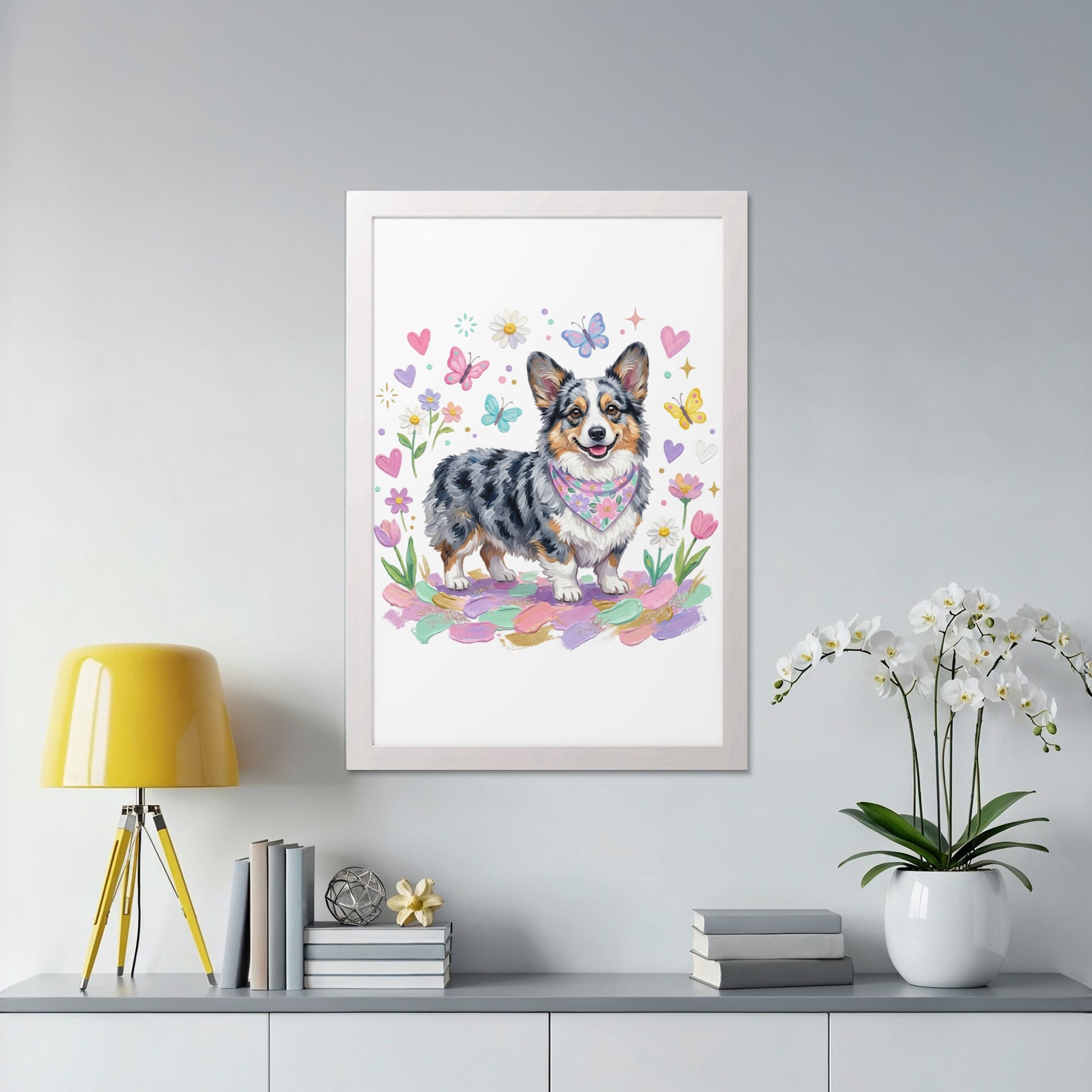 Framed watercolor artwork of a corgi surrounded by flowers and butterflies.