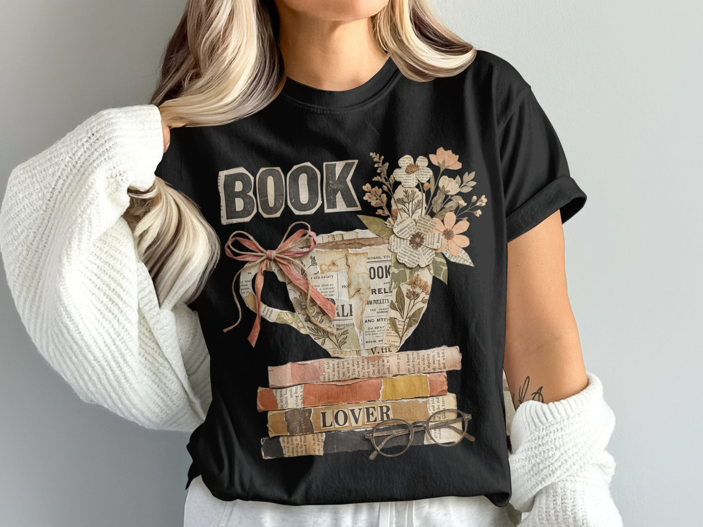 T-shirt with stacked books and teacup design, reads "BOOK LOVER".