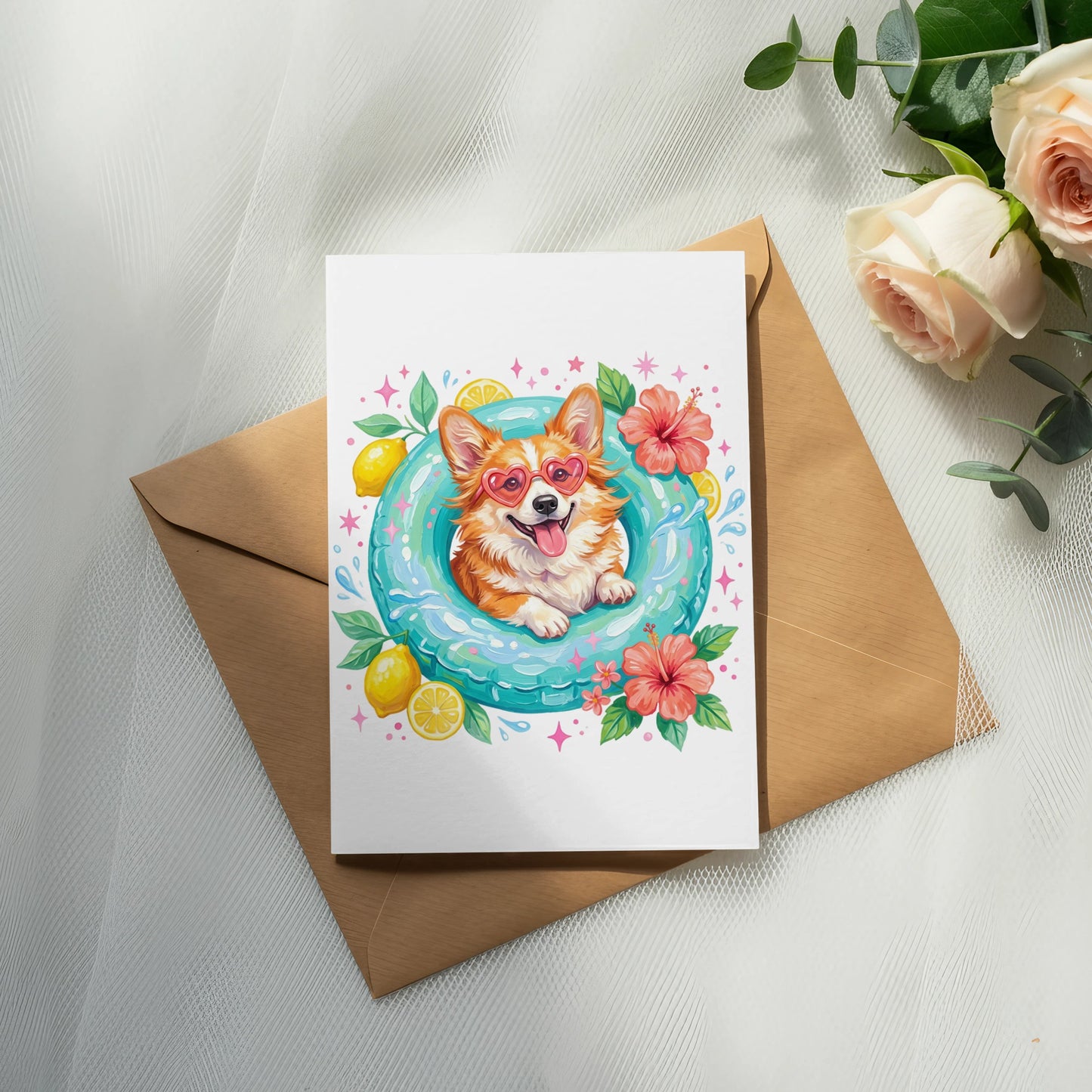 Corgi in a pool float with lemons and flowers.