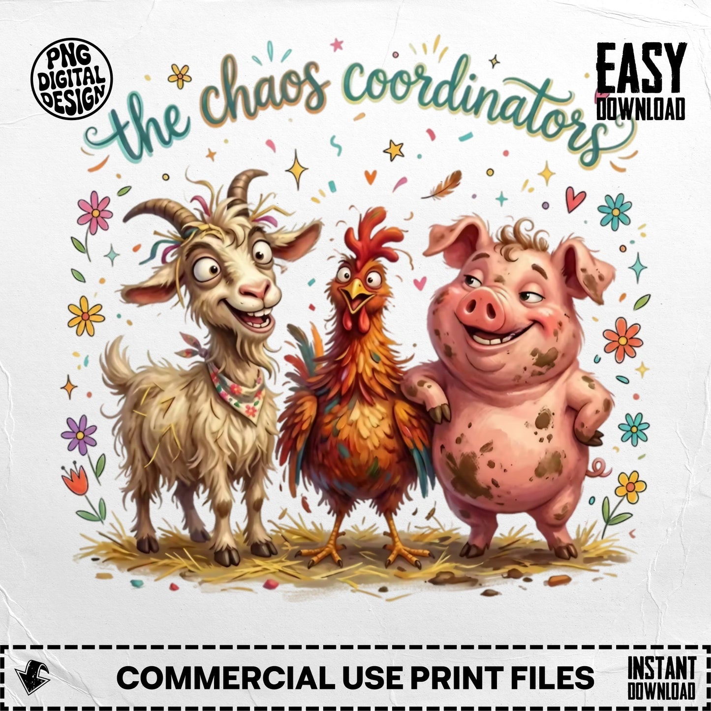 Cartoon goat, rooster, and pig with "the chaos coordinators" text.