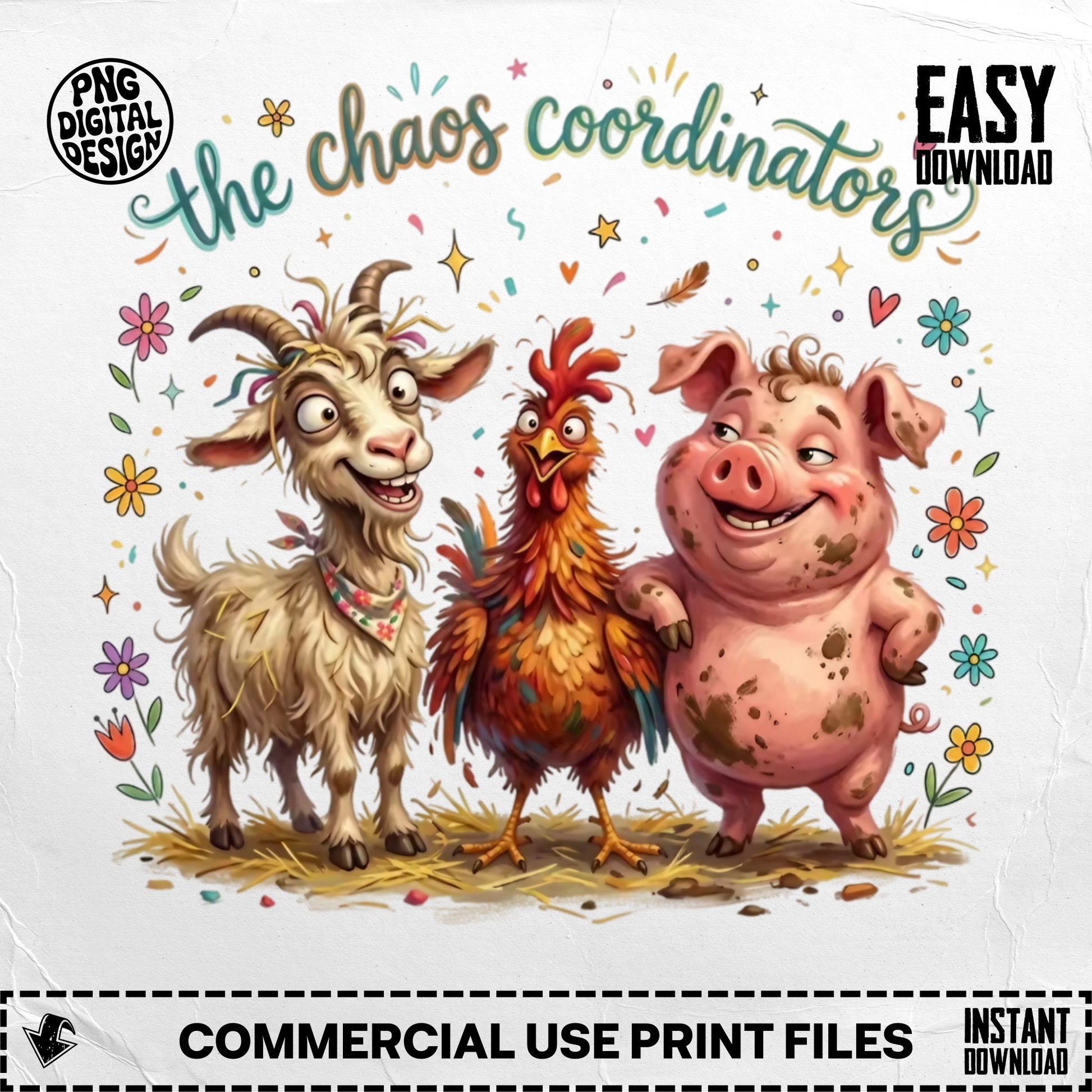 Cartoon goat, rooster, and pig with "the chaos coordinators" text.
