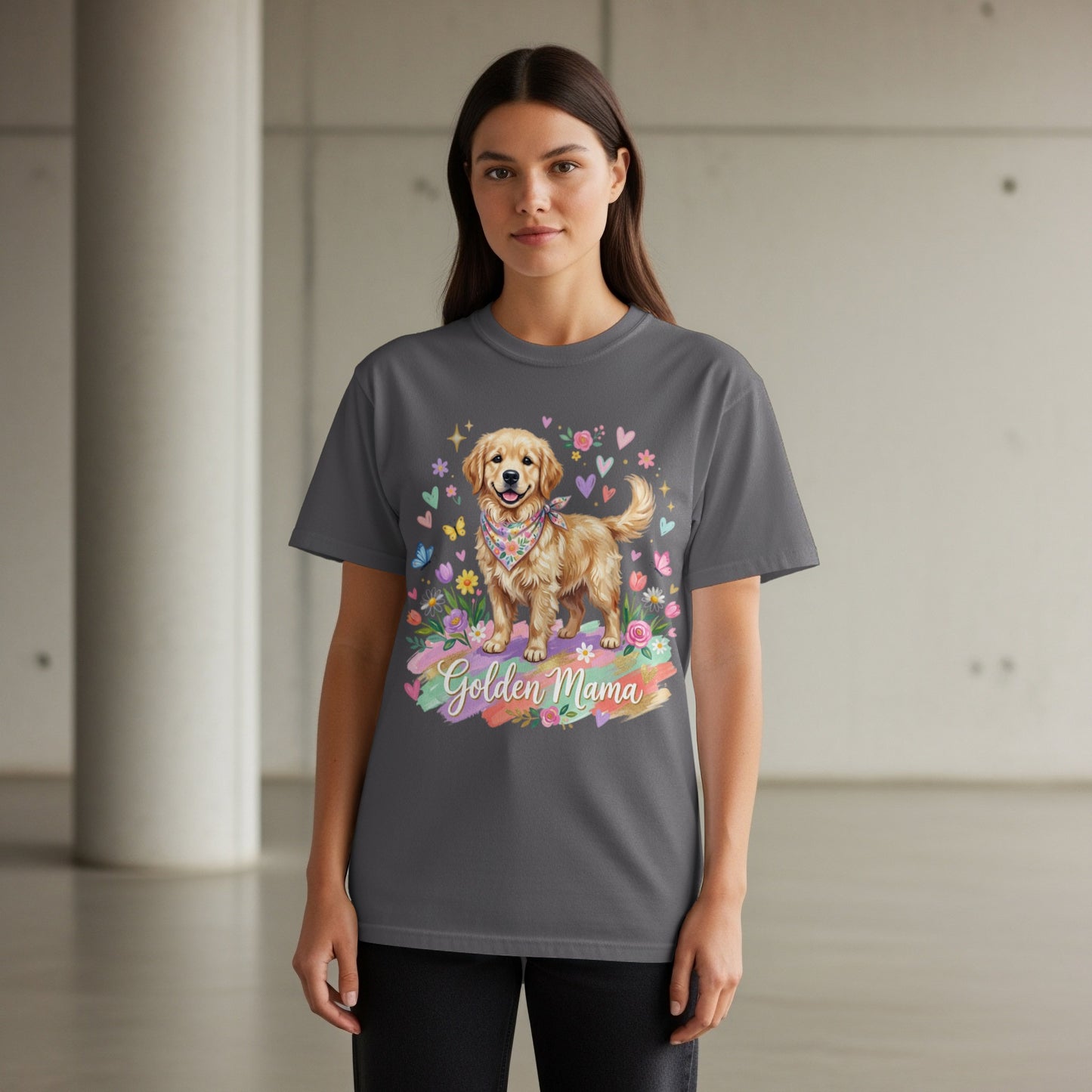 Golden Retriever wearing bandana with "Golden Mama" text and floral accents.