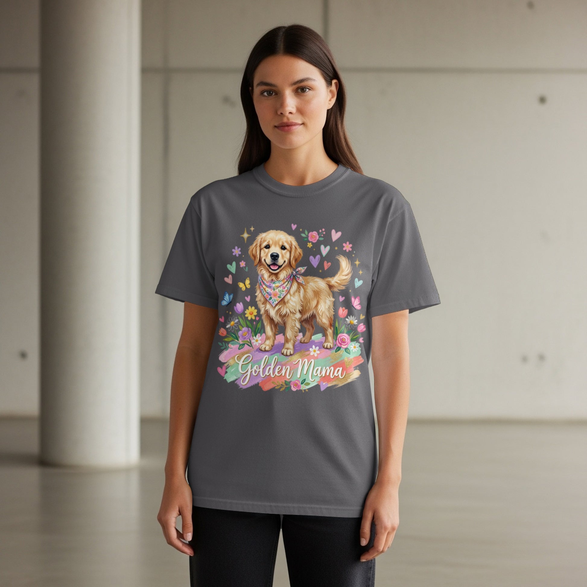 Golden Retriever wearing bandana with "Golden Mama" text and floral accents.