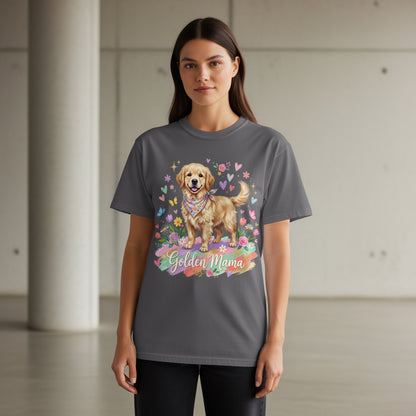 Golden Retriever wearing bandana with "Golden Mama" text and floral accents.