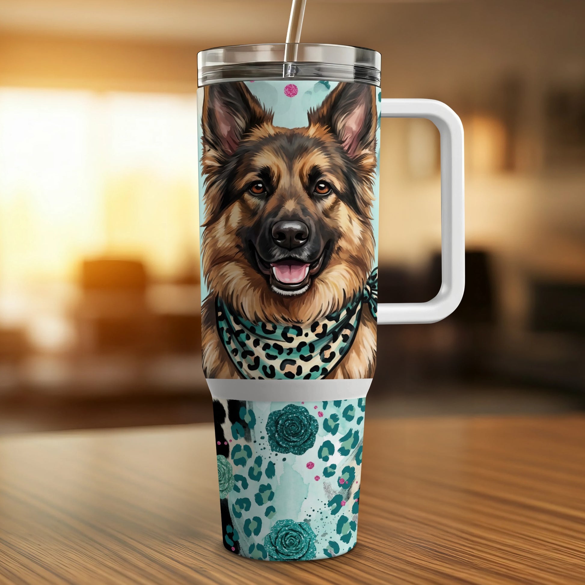 German Shepherd with bandana on a tumbler with floral and animal print.