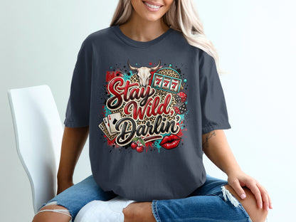 Stay Wild Darlin' graphic tee with casino and western elements.