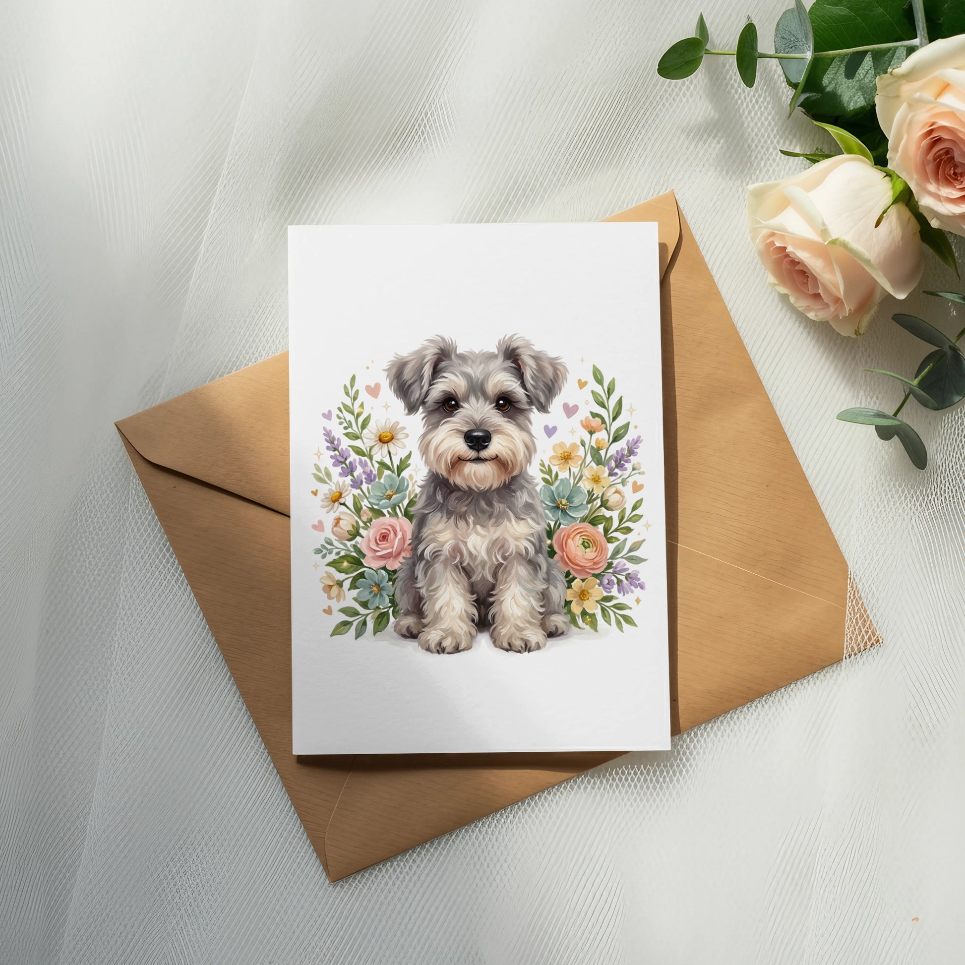 Schnauzer dog surrounded by flowers on a greeting card.