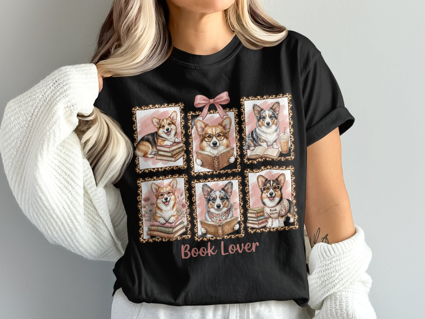 Six framed portraits of corgis reading books, with "Book Lover" text below.