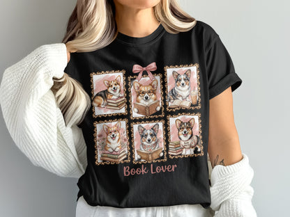 Six framed portraits of corgis reading books, with "Book Lover" text below.