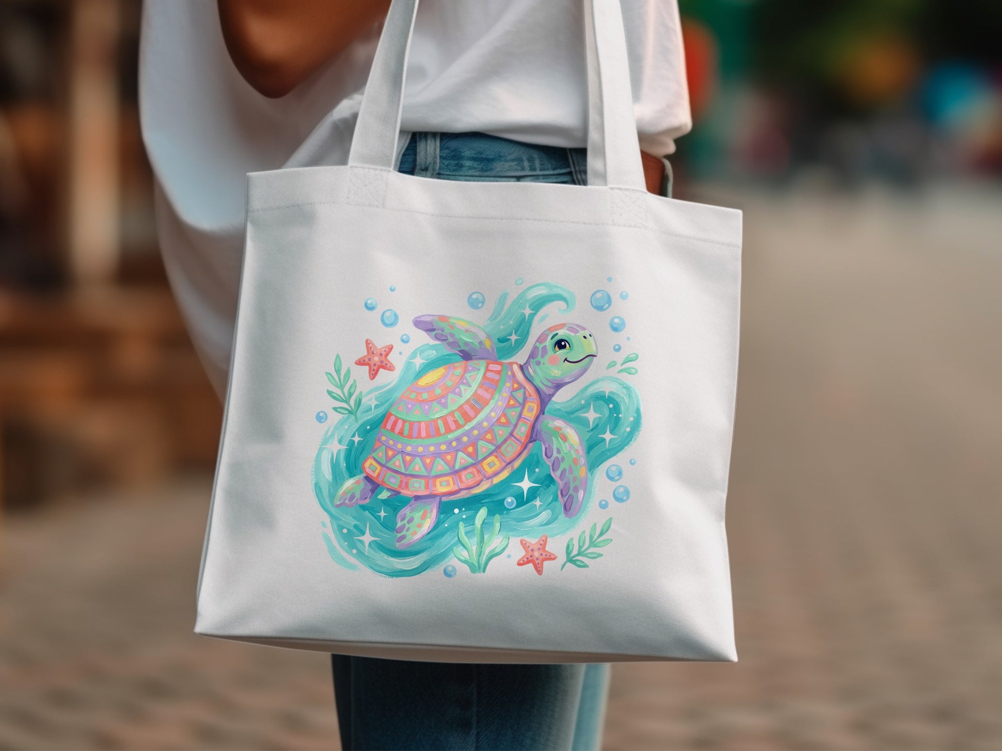 White tote bag with colorful cartoon sea turtle and starfish design.